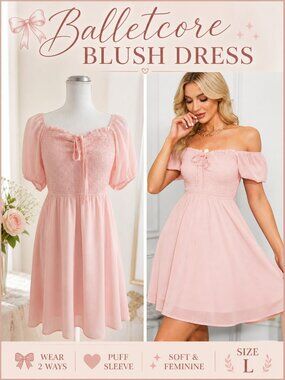 Soft Pink Puff Sleeve Dress Size L Smocked Fit Flare Balletcore